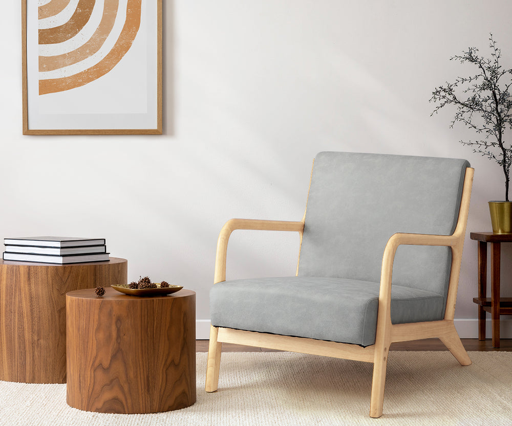 Oikiture 3X Armchair Lounge Chair Couches Sofa Wood Light Grey
