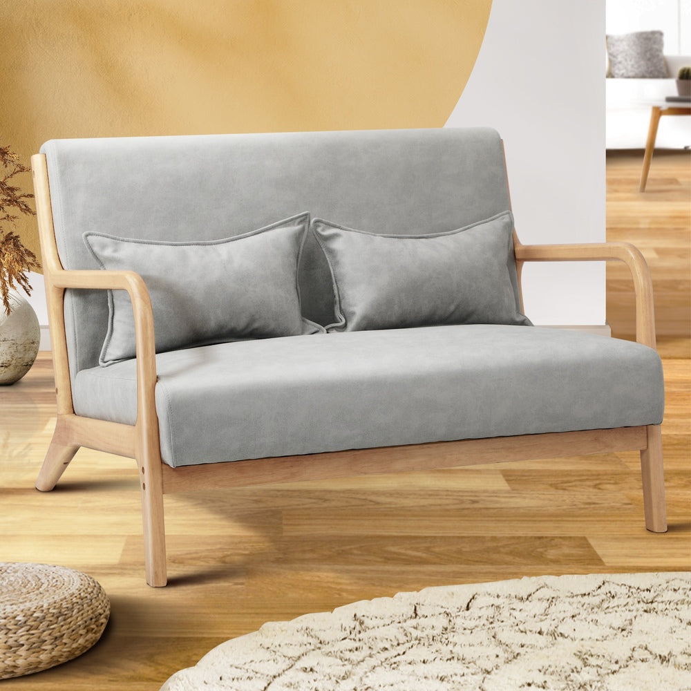 Oikiture Armchair 2 Seater Sofa Fabric Grey Pillows