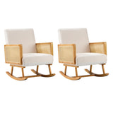 Oikiture 2x Rocking Chair Nursing Armchair Linen PE Rattan Beige - 45-Degree Angle