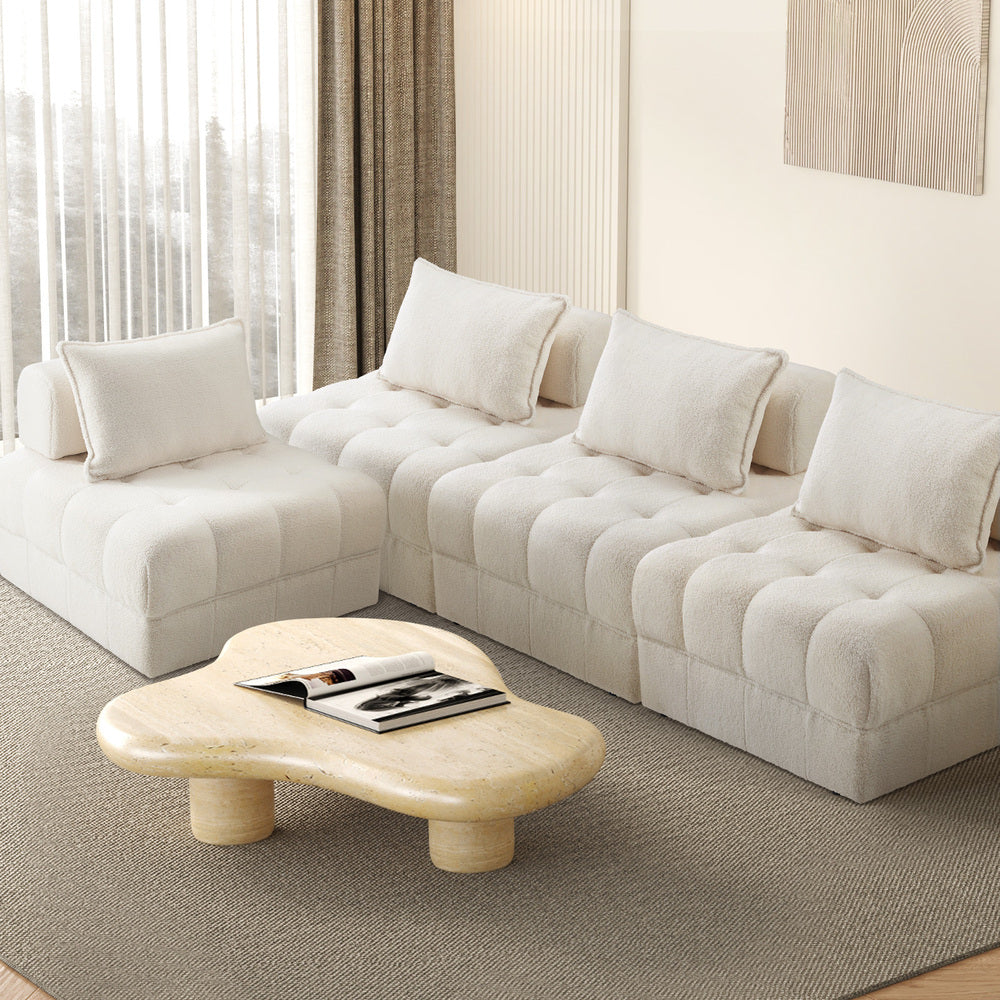 Oikiture 4 Seater Boucle Modular Sofa Lounge Chair Armless White