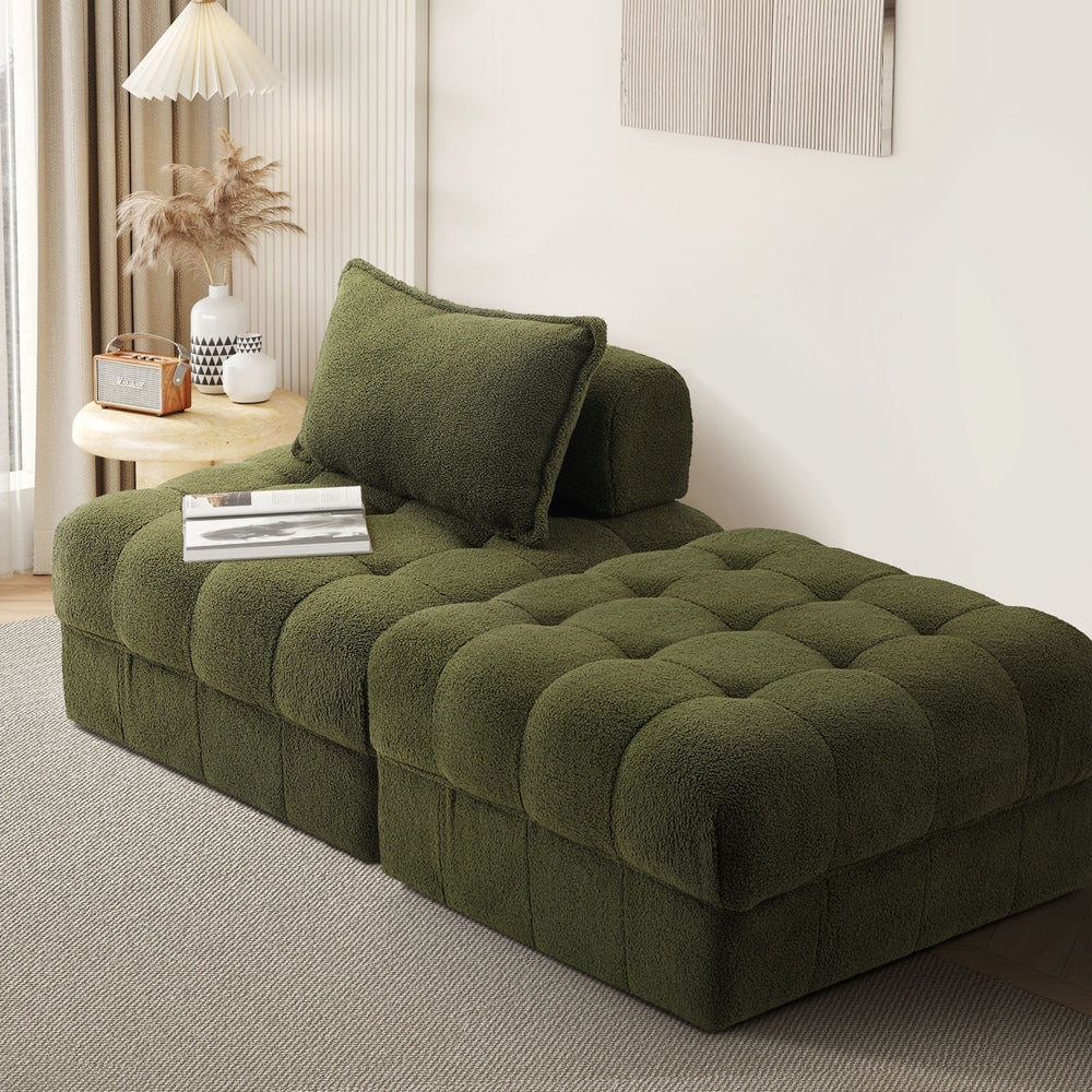 Oikiture 2 Seater Boucle Modular Sofa & Ottoman Set Green