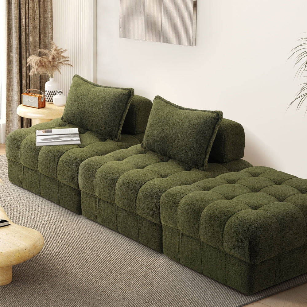Oikiture 3 Seater Boucle Modular Sofa & Ottoman Set Green