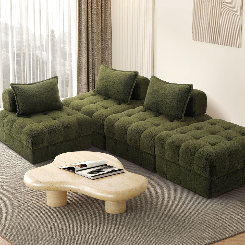 Oikiture 4 Seater Boucle Modular Sofa & Ottoman Set Green