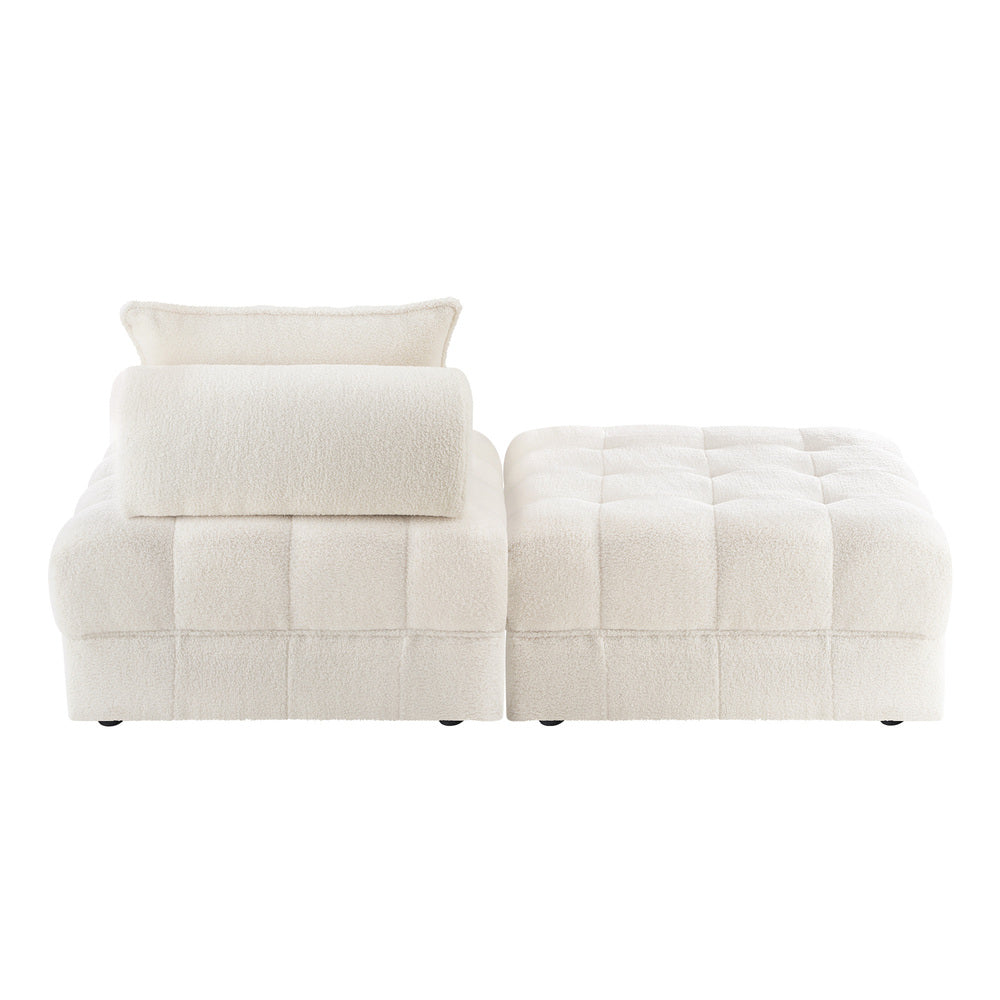 Oikiture 2 Seater Boucle Modular Sofa & Ottoman Set Armless White