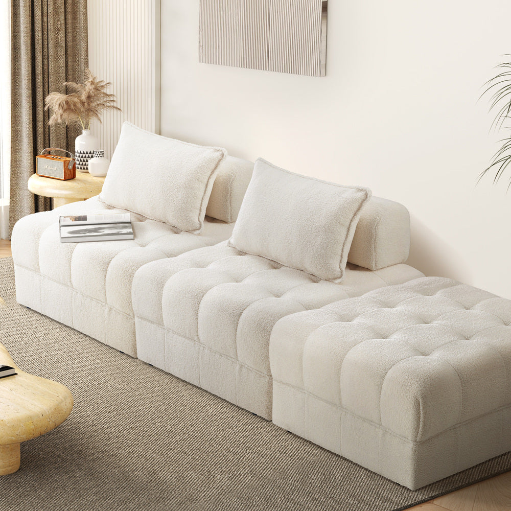 Oikiture 3 Seater Boucle Modular Sofa & Ottoman Set Armless White
