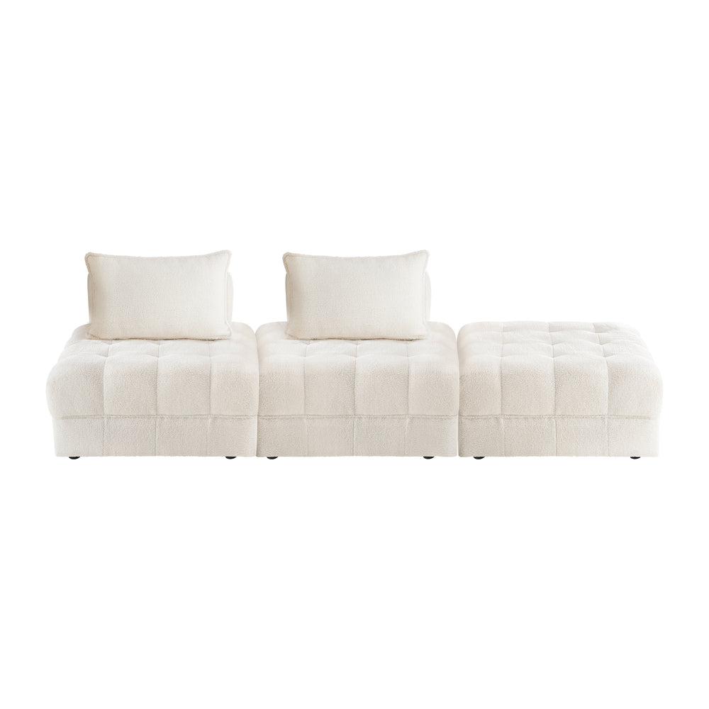Oikiture 3 Seater Boucle Modular Sofa & Ottoman Set Armless White
