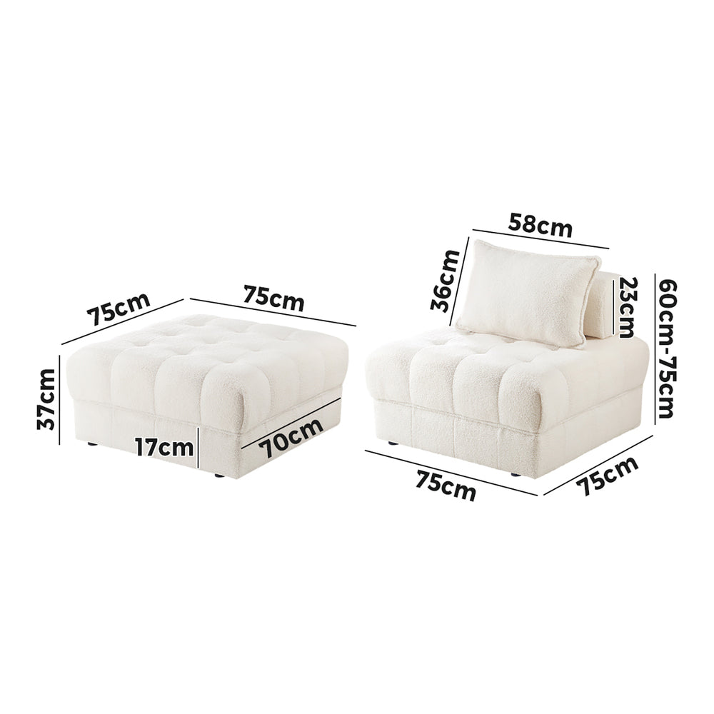 Oikiture 3 Seater Boucle Modular Sofa & Ottoman Set Armless White