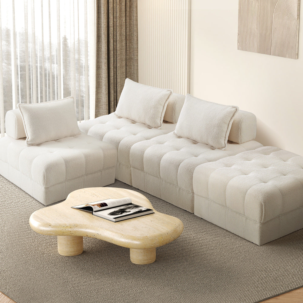 Oikiture 4 Seater Boucle Modular Sofa & Ottoman Set Armless White