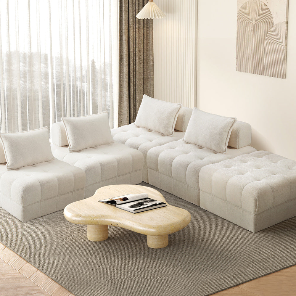 Oikiture 5 Seater Boucle Modular Sofa & Ottoman Set Armless White