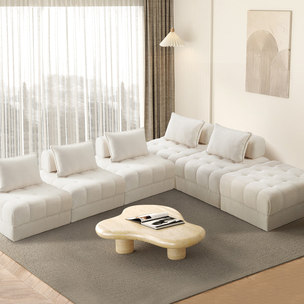 Oikiture 6 Seater Boucle Modular Sofa & Ottoman Set Armless White