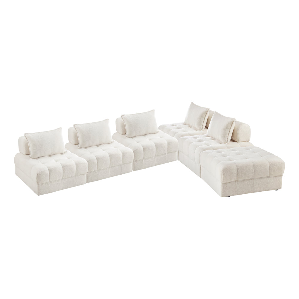Oikiture 6 Seater Boucle Modular Sofa & Ottoman Set Armless White
