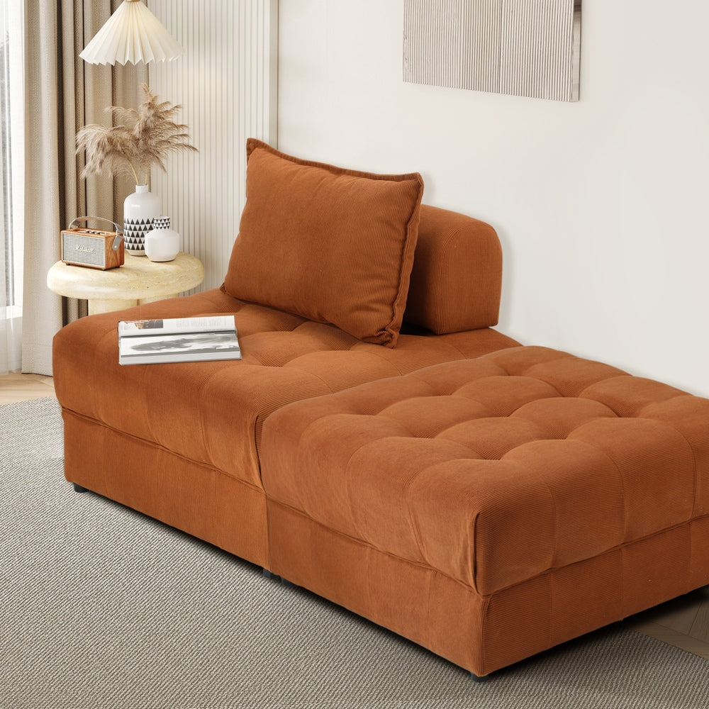 Oikiture 2 Seater Velvet Modular Sofa & Ottoman Set with Backrest Brown