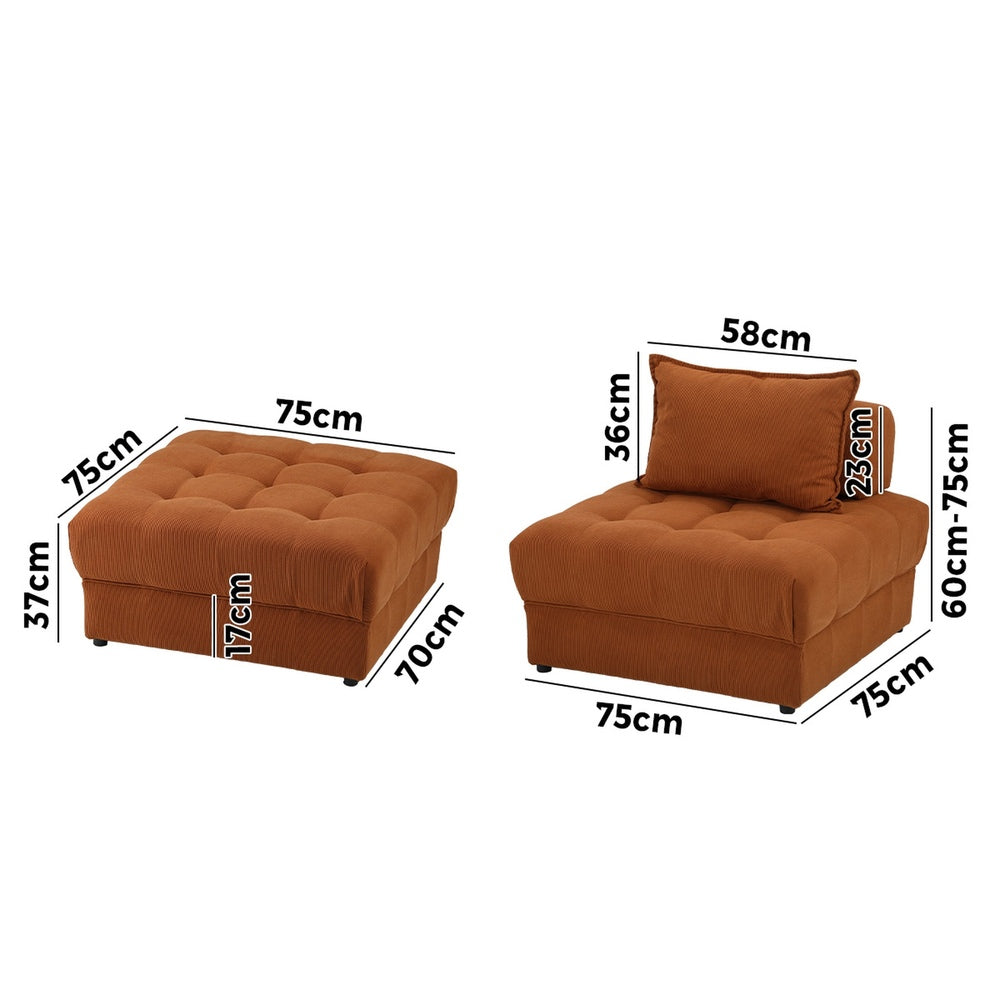 Oikiture 4 Seater Velvet Modular Sofa & Ottoman Set with Backrest Brown