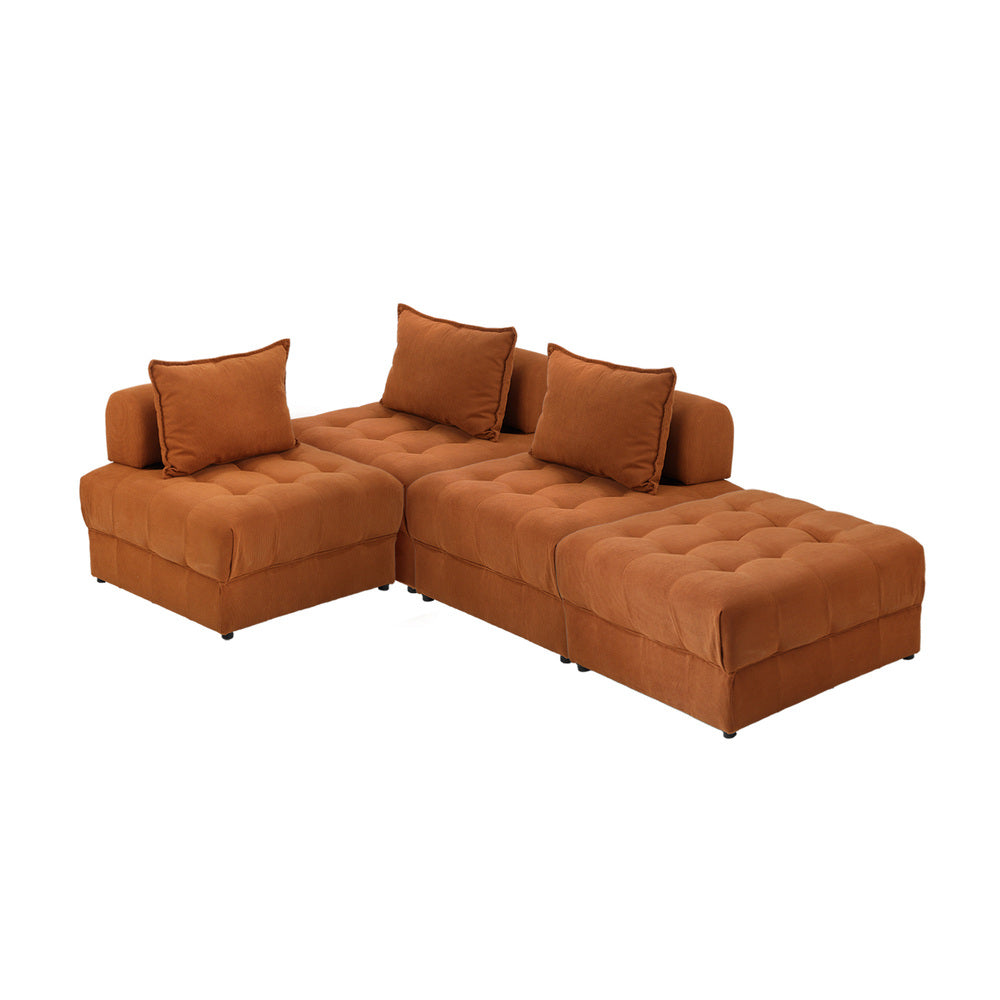 Oikiture 4 Seater Velvet Modular Sofa & Ottoman Set with Backrest Brown