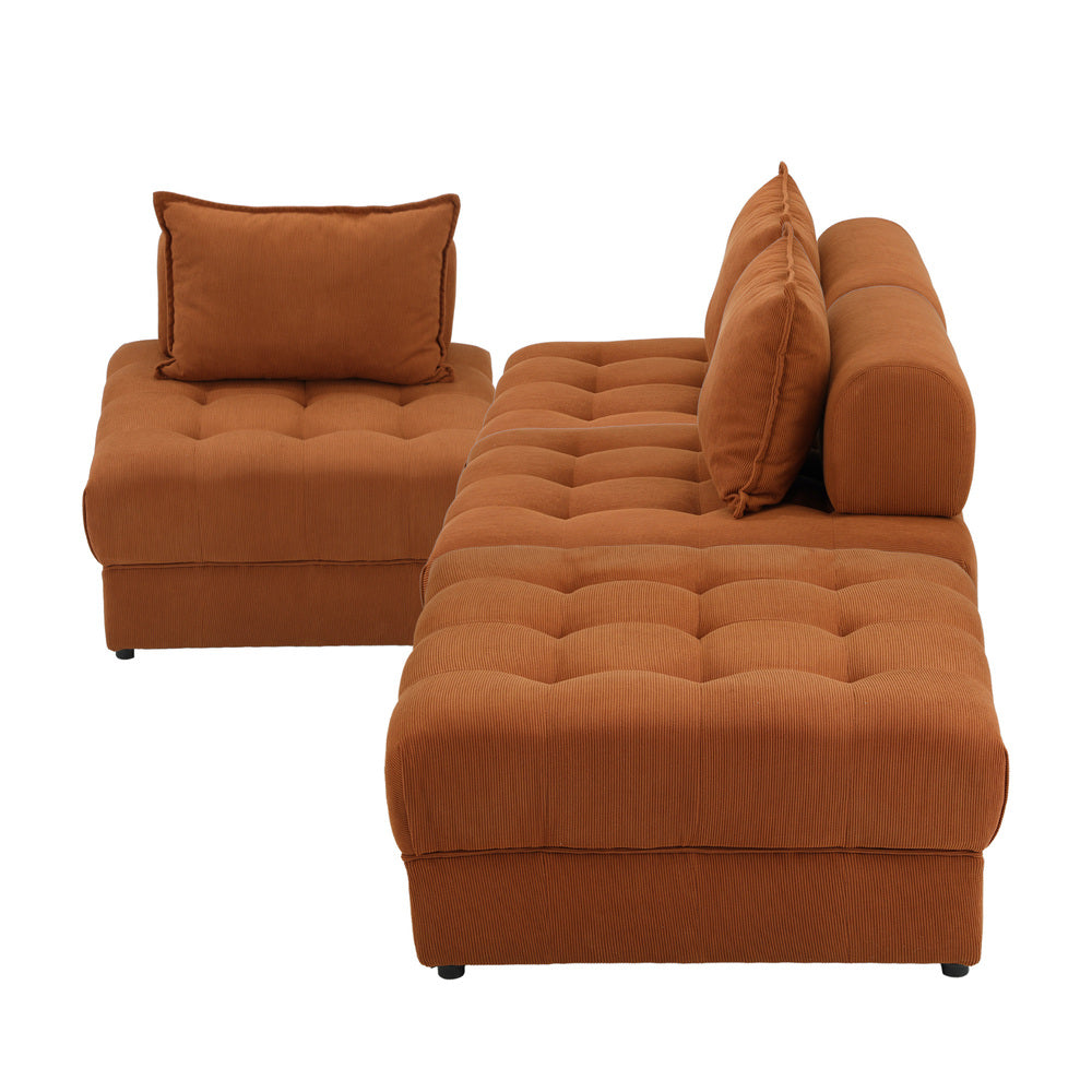 Oikiture 4 Seater Velvet Modular Sofa & Ottoman Set with Backrest Brown