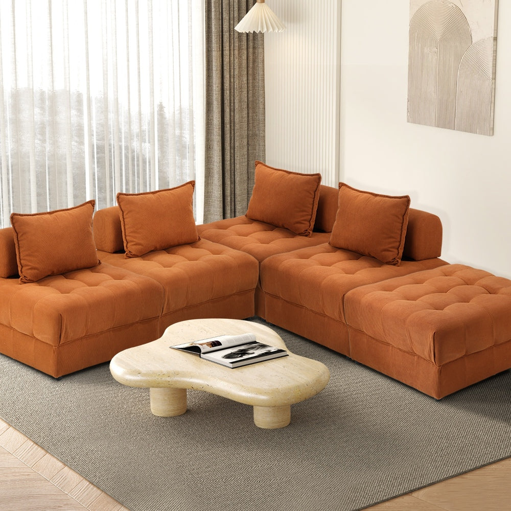 Oikiture 5 Seater Velvet Modular Sofa & Ottoman Set with Backrest Brown
