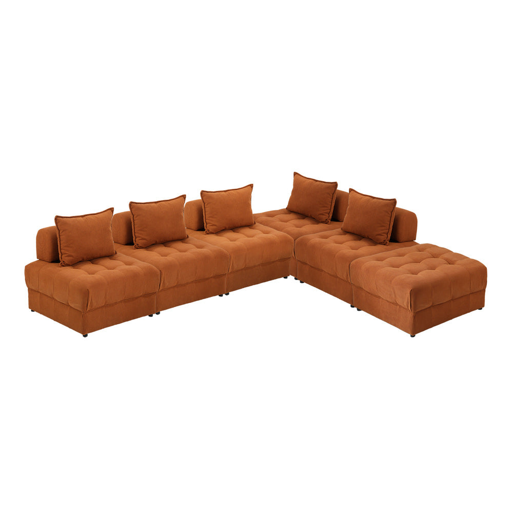 Oikiture 6 Seater Velvet Modular Sofa & Ottoman Set with Backrest Brown