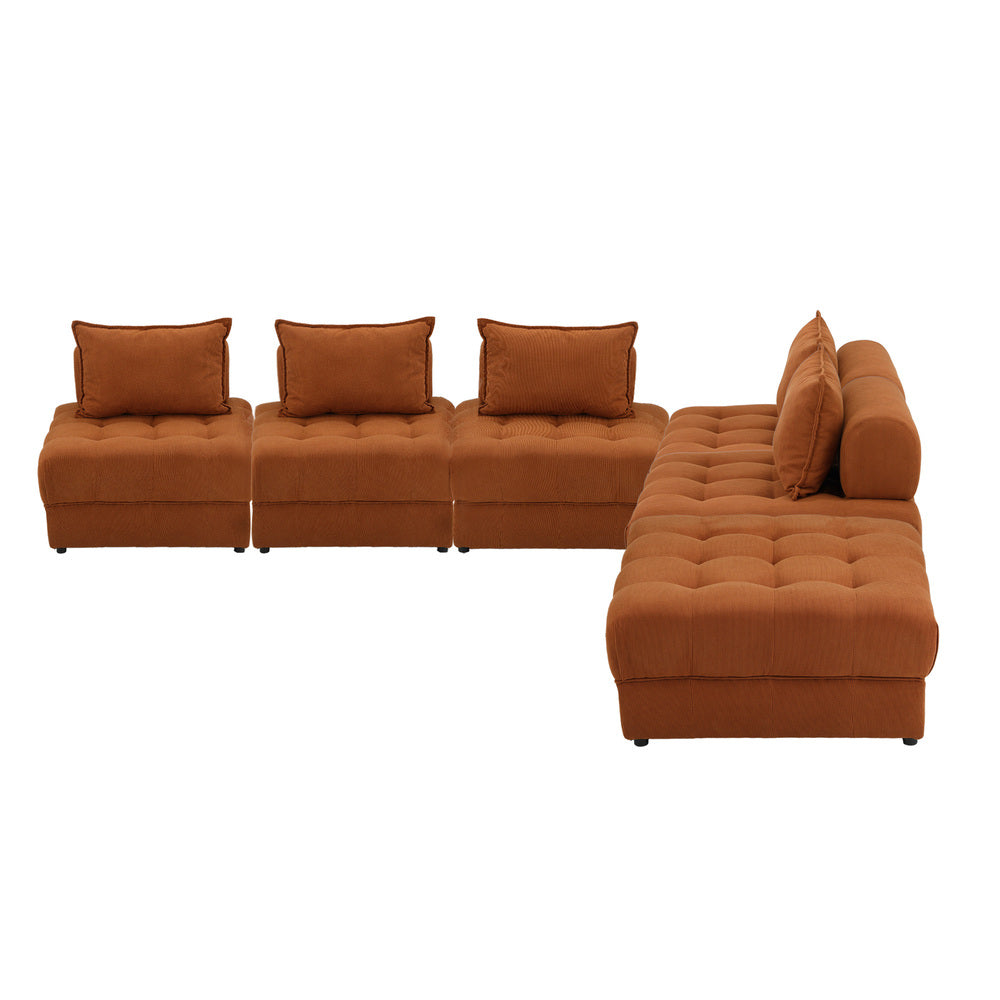 Oikiture 6 Seater Velvet Modular Sofa & Ottoman Set with Backrest Brown