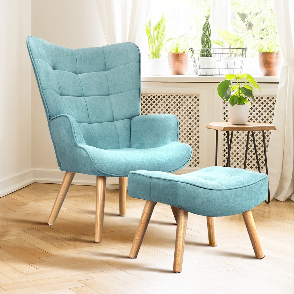 Oikiture 2x Armchair Lounge Chair Ottoman Fabric Sofa Blue