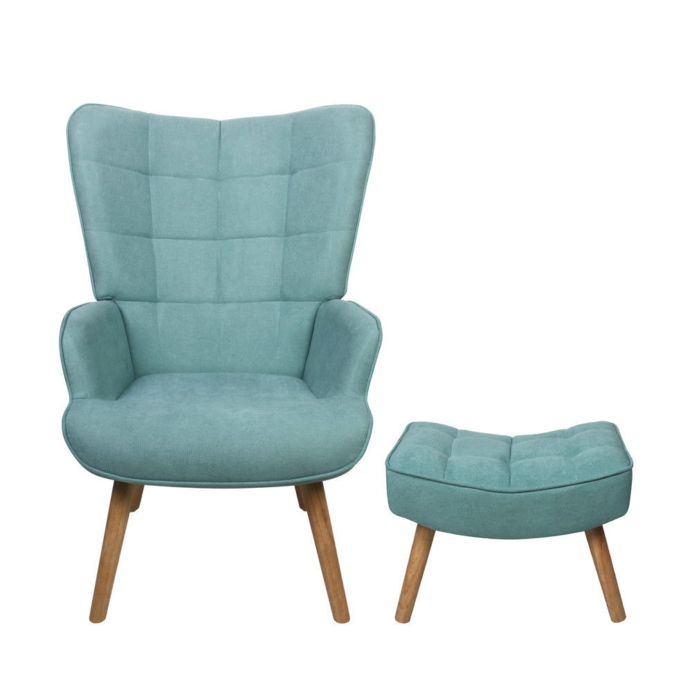 Oikiture 3x Armchair Lounge Chair Ottoman Fabric Sofa Blue