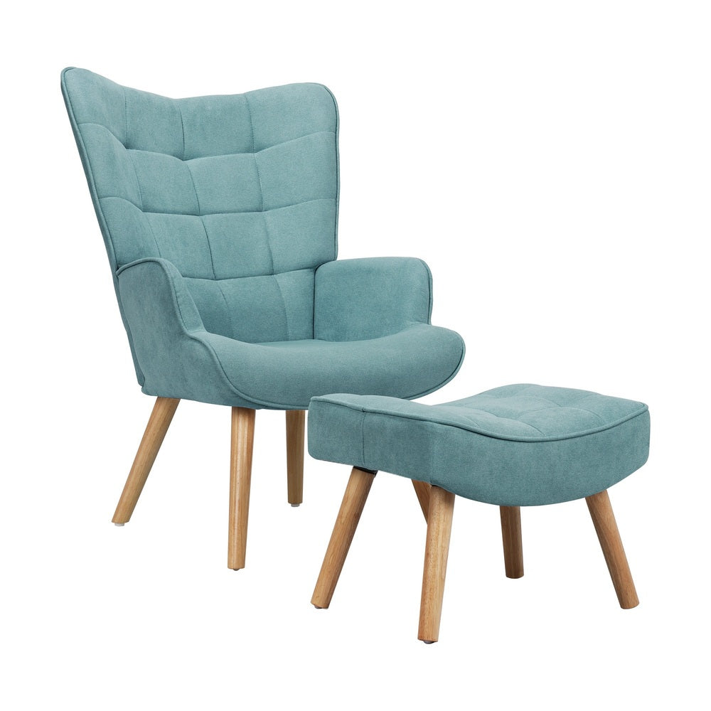 Oikiture 3x Armchair Lounge Chair Ottoman Fabric Sofa Blue