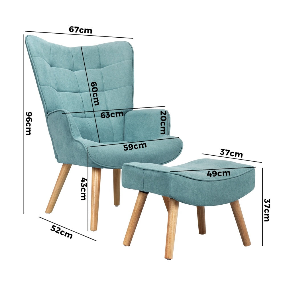 Oikiture 3x Armchair Lounge Chair Ottoman Fabric Sofa Blue
