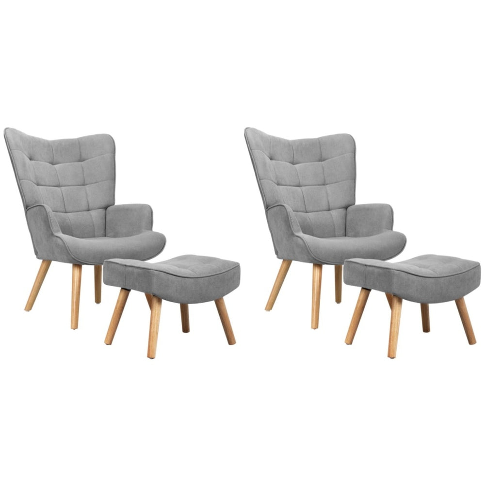 Oikiture 2x Armchair Lounge Chair Ottoman Fabric Sofa Grey