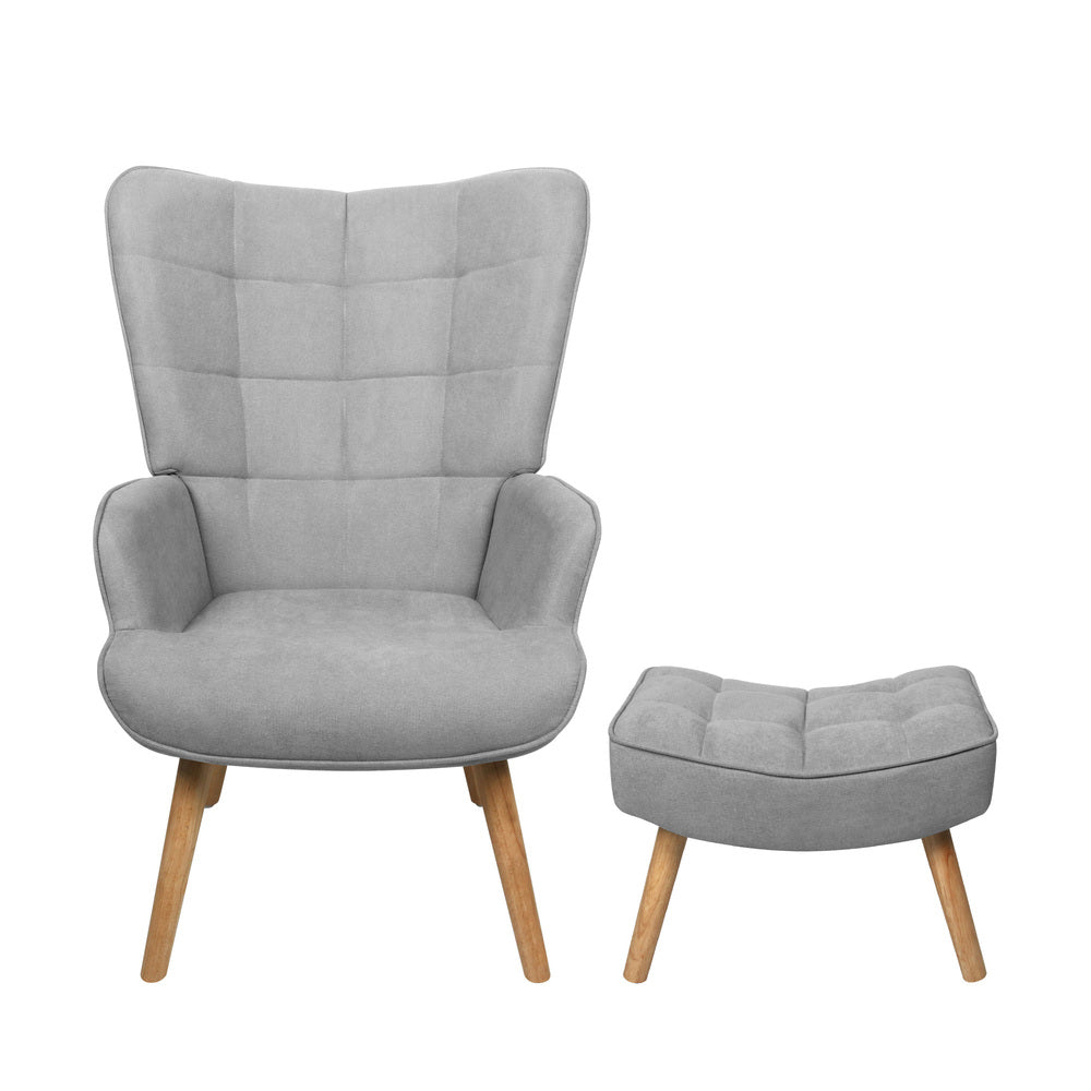 Oikiture 2x Armchair Lounge Chair Ottoman Fabric Sofa Grey