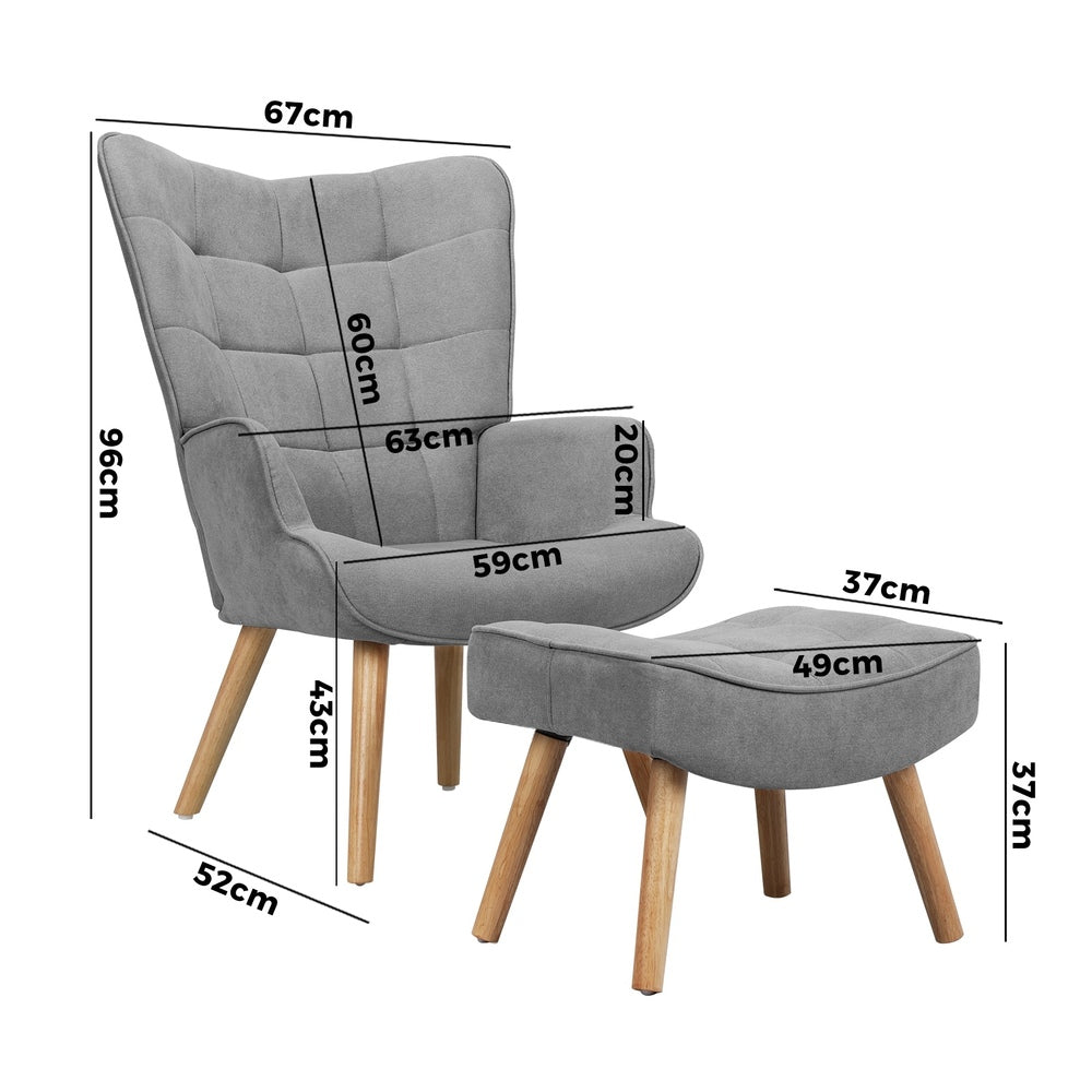 Oikiture 2x Armchair Lounge Chair Ottoman Fabric Sofa Grey