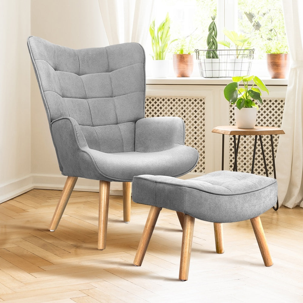 Oikiture 3x Armchair Lounge Chair Ottoman Fabric Sofa Grey