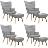 Oikiture 4x Armchair Lounge Chair Ottoman Fabric Sofa Grey