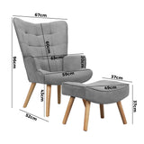 Oikiture 4x Armchair Lounge Chair Ottoman Fabric Sofa Grey - Side View