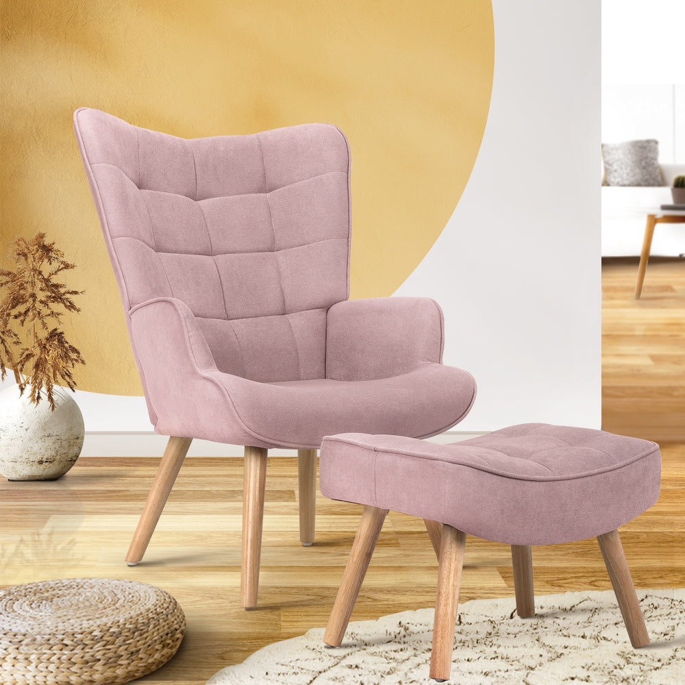 Oikiture Armchair Set Ottoman Fabric Sofa Chairs Pink