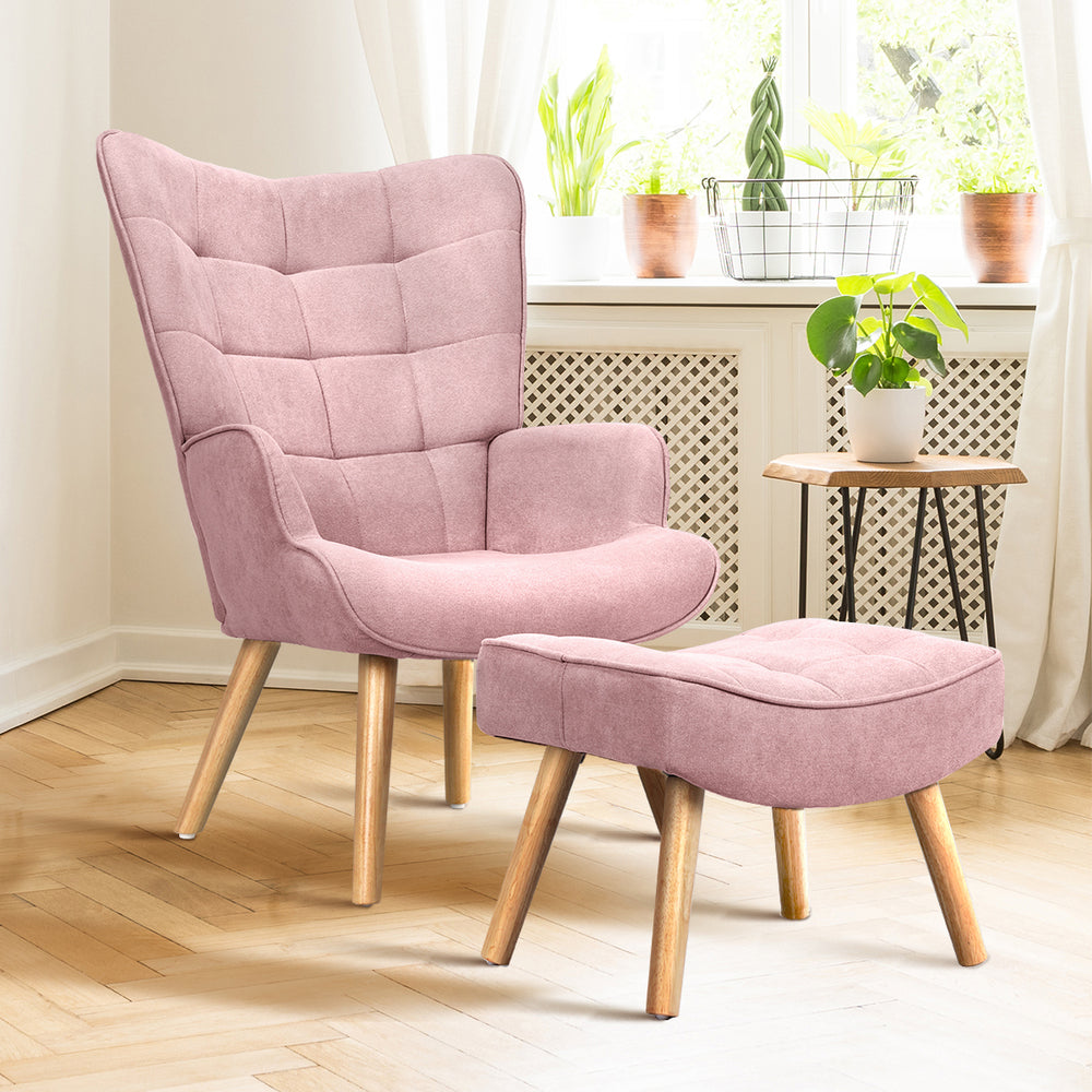 Oikiture Armchair Set Ottoman Fabric Sofa Chairs Pink