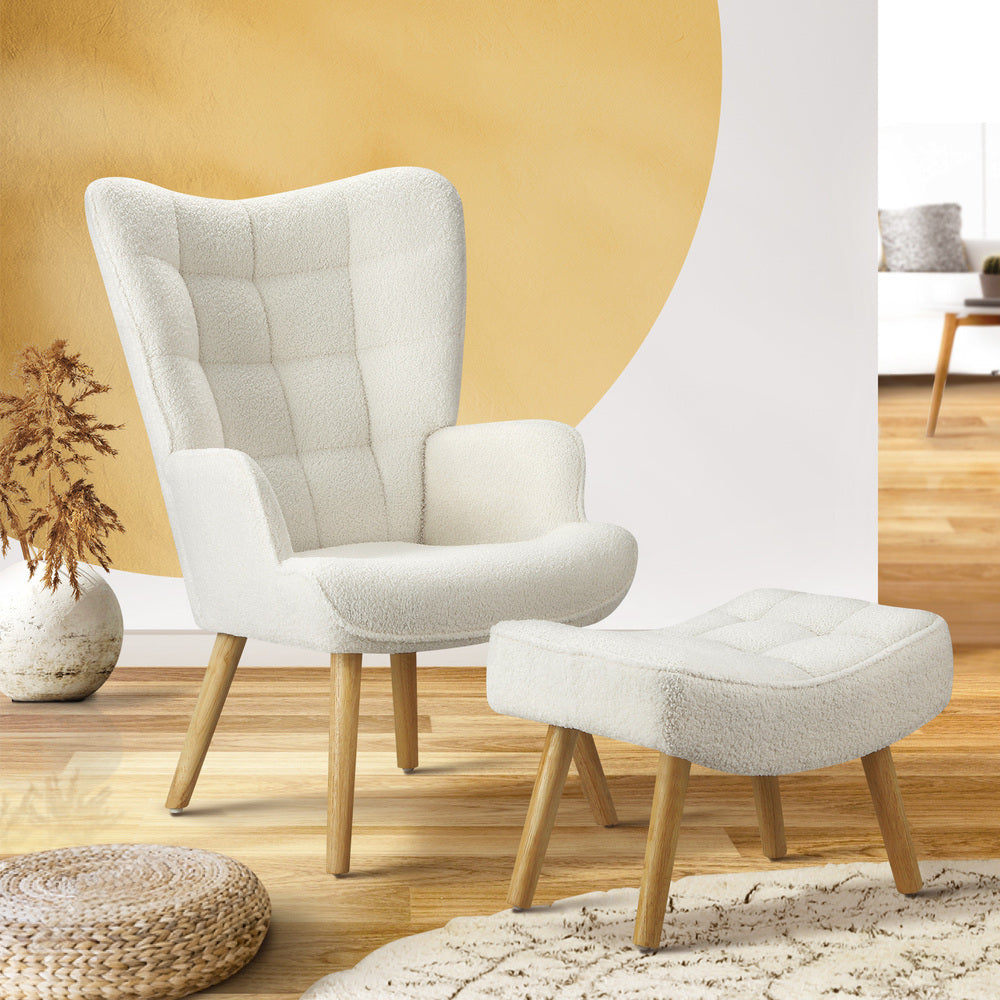 Oikiture Armchair with Footstool Sherpa White