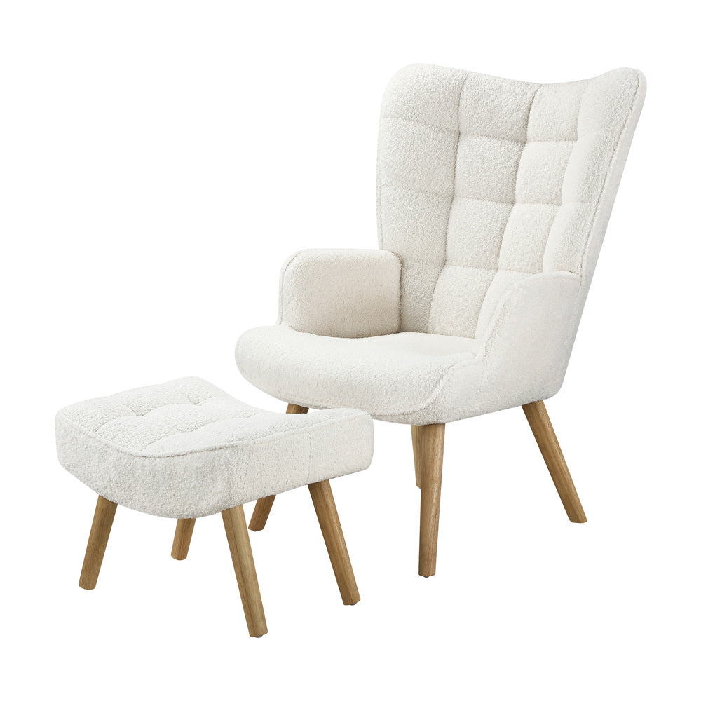 Oikiture Armchair with Footstool Sherpa White