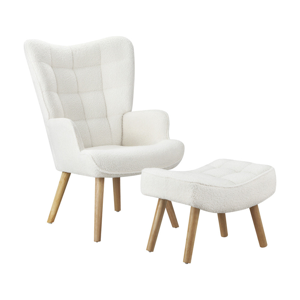 Oikiture 2x Armchair Lounge Chair Ottoman Sherpa Sofa White