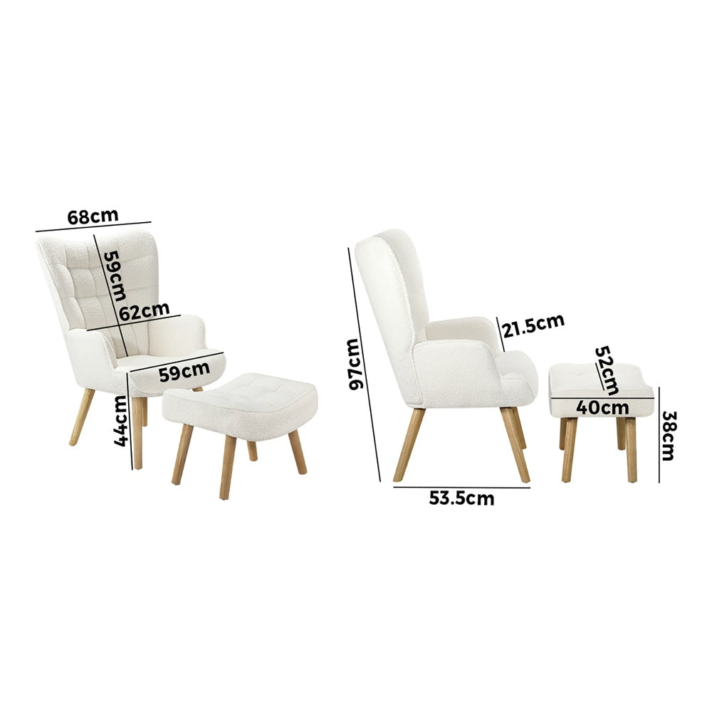 Oikiture 2x Armchair Lounge Chair Ottoman Sherpa Sofa White