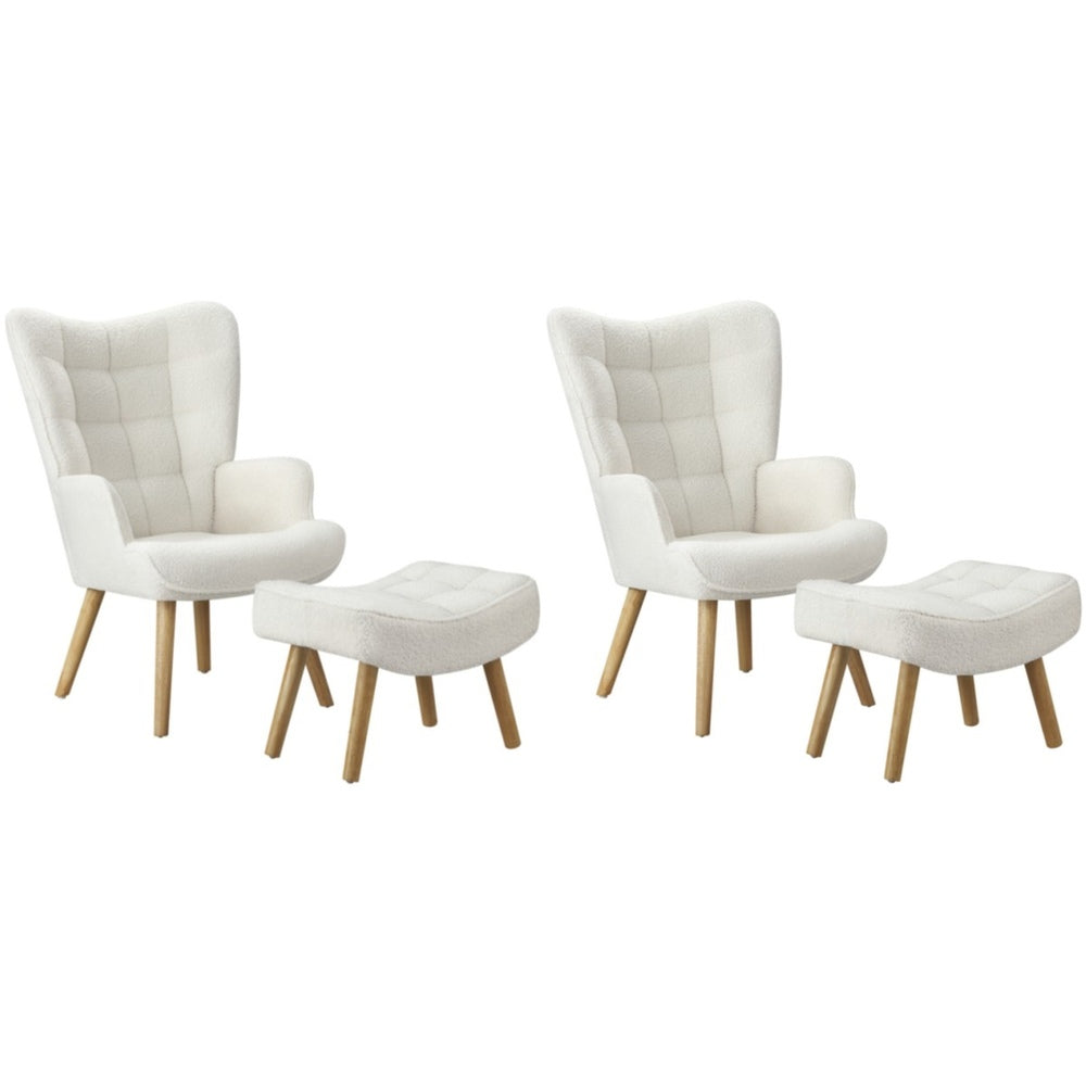 Oikiture 2x Armchair Lounge Chair Ottoman Sherpa Sofa White