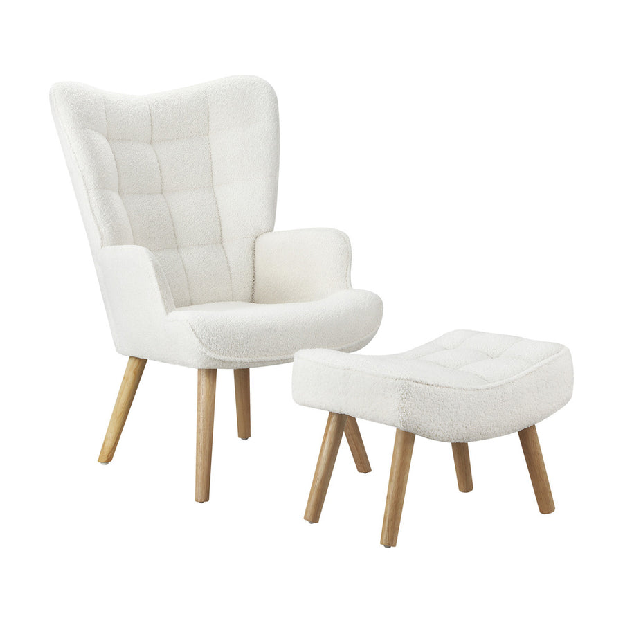 Oikiture 3x Armchair Lounge Chair Ottoman Sherpa Sofa White