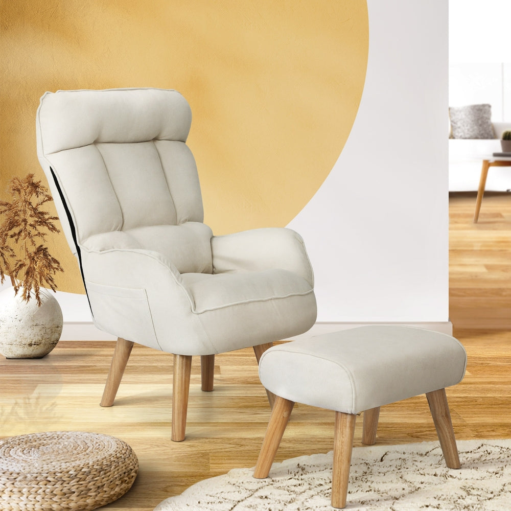 Oikiture Armchair wit Stool 360° Swivel Seat Beige