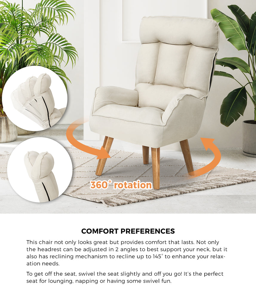Oikiture Armchair wit Stool 360° Swivel Seat Beige