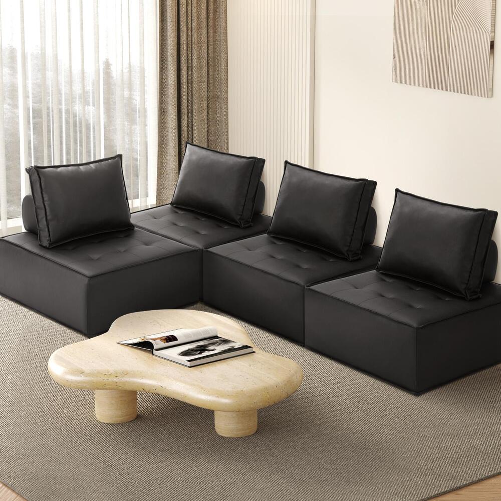 Oikiture 4pcs Pu Leather Sofa Couch Black