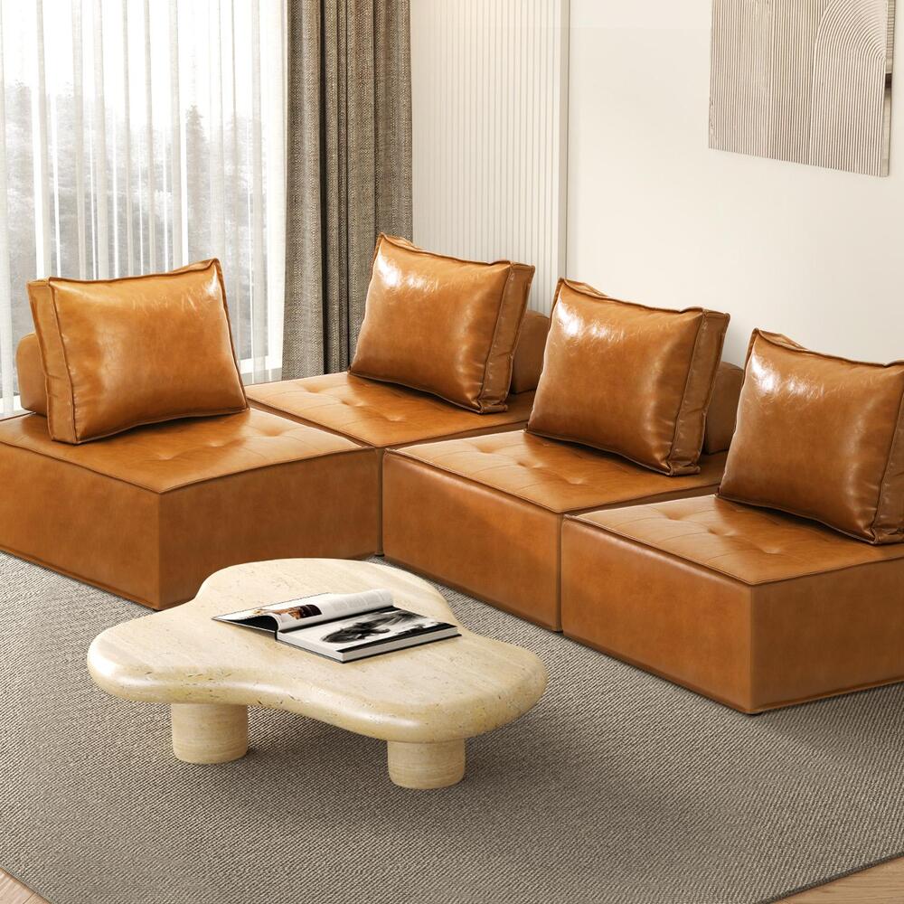 Oikiture 4pcs Pu Leather Sofa Couch Brown