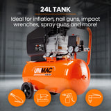 UNIMAC 24L 2.0HP Air Compressor, Direct Drive, 2 Couplers for Airtools Tyre Inflation, Portable, Electric - Close-Up Angle