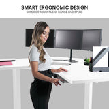 FORTIA 98W x 98W x 48D Dual-Motor 80kg Load Adjustable Electric Sit to Stand Up Corner Desk - White/White Frame - Close-Up Angle