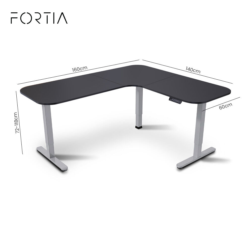 FORTIA Corner Standing Desk, 160x140cm, 72-118cm Sit to Stand Up Electric Height Adjustable, Black Desktop/Silver Frame