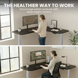 FORTIA Corner Standing Desk, 160x140cm, 72-118cm Sit to Stand Up Electric Height Adjustable, Black Desktop/Silver Frame - Front View