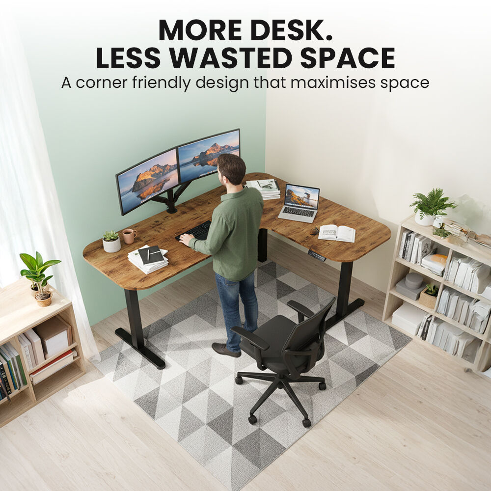FORTIA Corner Standing Desk, 160x140cm, 72-118cm Sit to Stand Up Electric Height Adjustable, Walnut Style Desktop/Black Frame