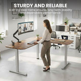 FORTIA Corner Standing Desk, 160x140cm, 72-118cm Sit to Stand Up Electric Height Adjustable, Walnut Style Desktop/Silver Frame - Side View